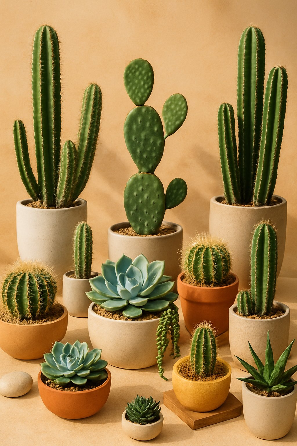 A variety of cactus and succulent plants arranged in pots on a sandy surface with natural sunlight.