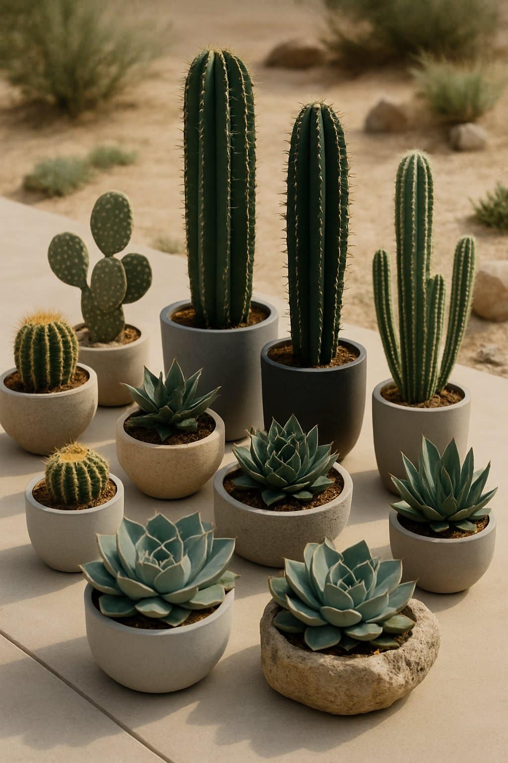 A garden with various cactus and succulent plants arranged in pots and stone containers in an outdoor desert-like setting.