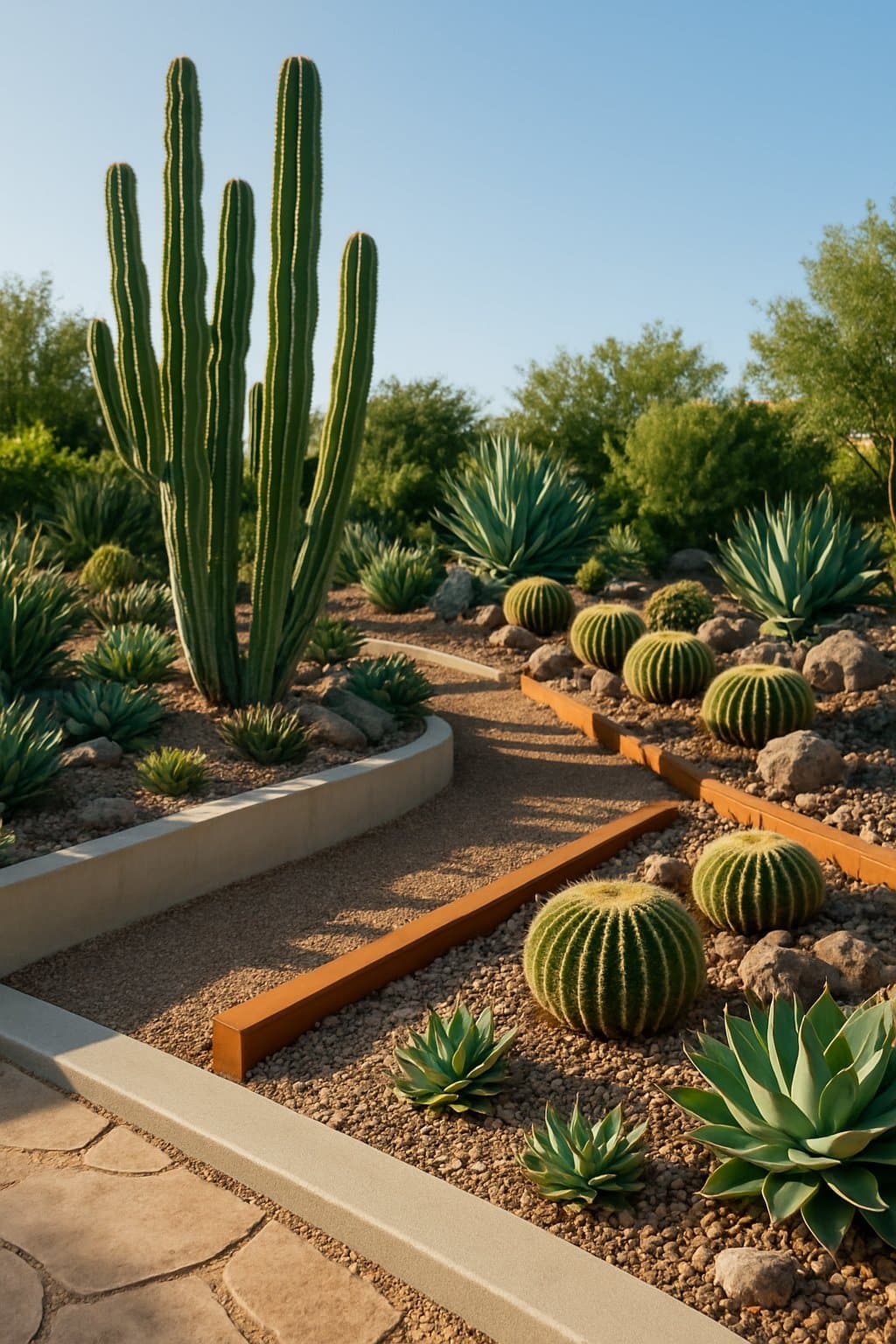 An outdoor garden with various cactus and succulent plants arranged along stone pathways and bordered by decorative rocks and wooden accents.