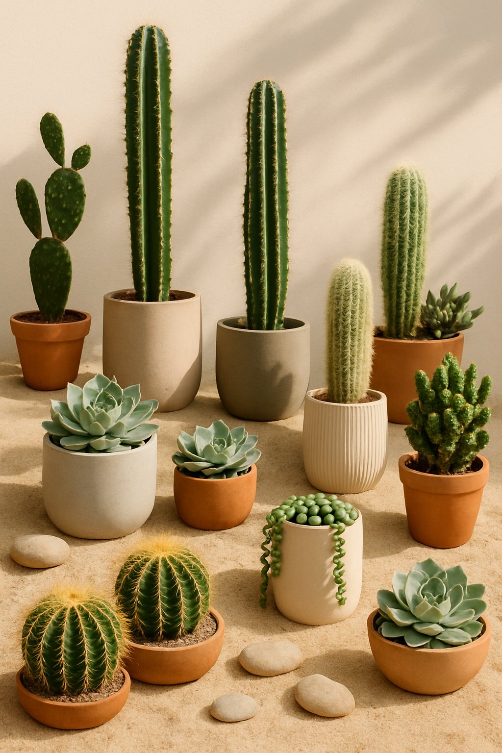 A variety of cactus and succulent plants arranged in pots in a sunlit desert garden setting.