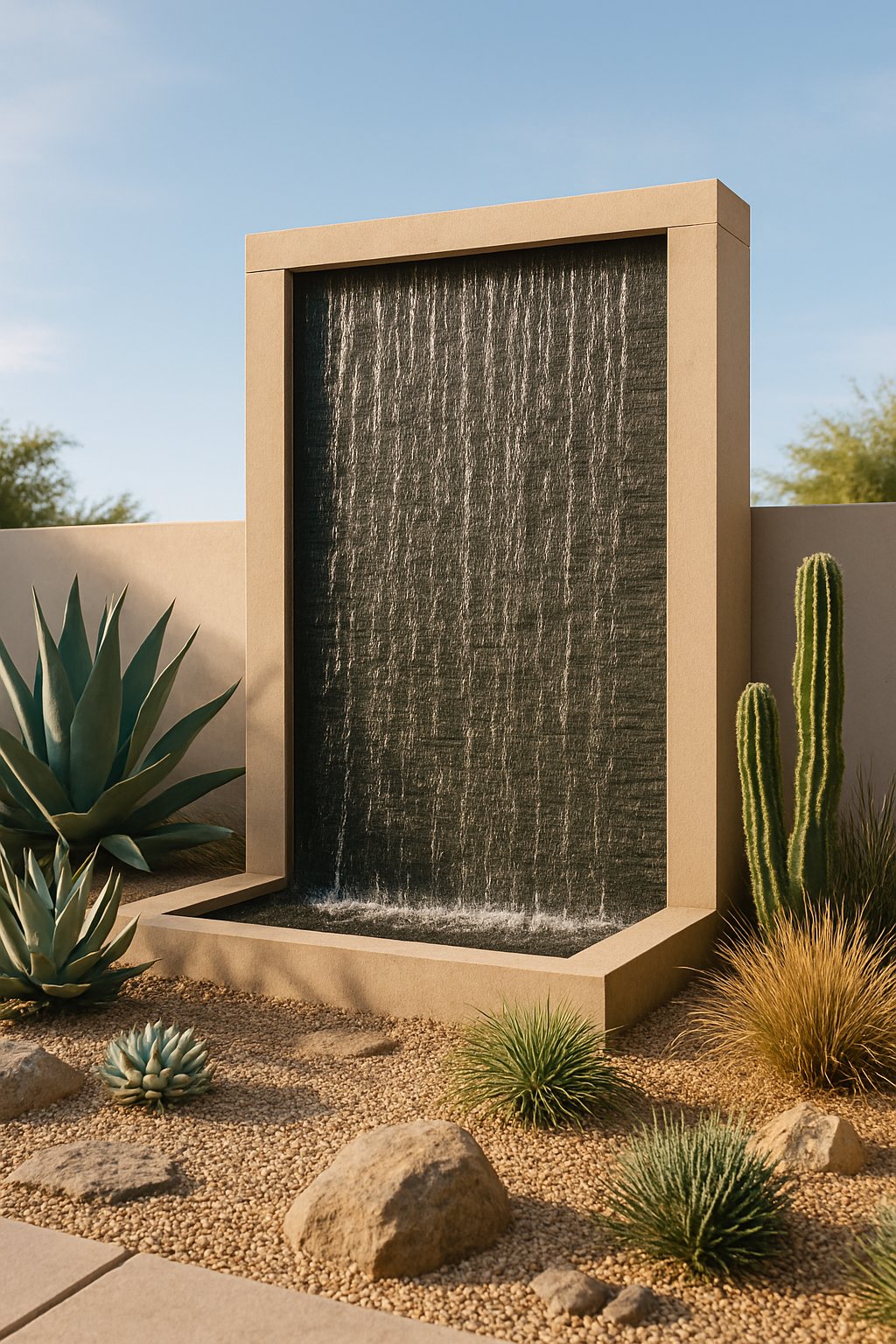 A vertical water wall with water flowing down stone surrounded by drought-tolerant plants in a sunny outdoor garden.