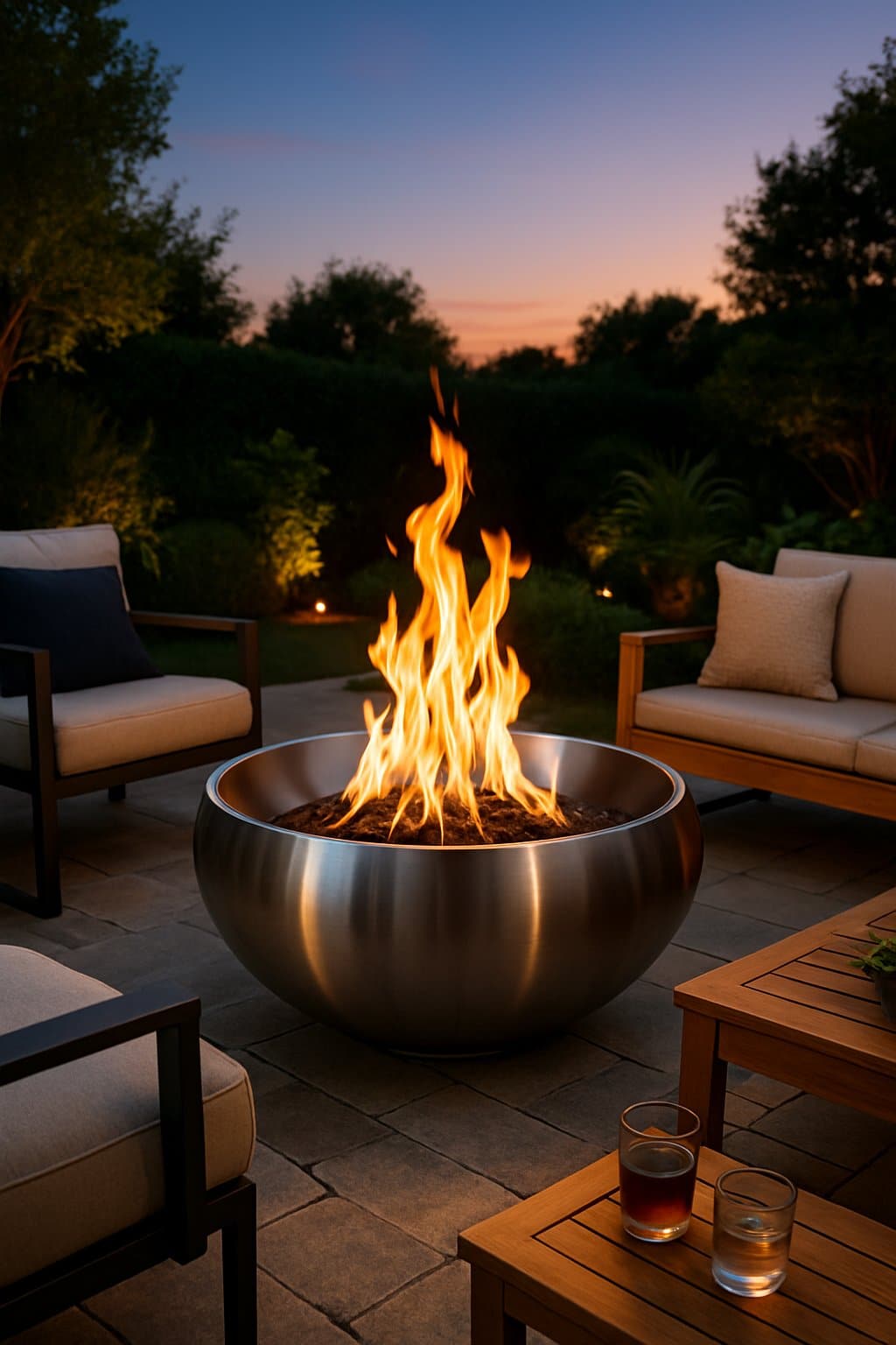 An outdoor patio with a modern steel fire bowl burning brightly surrounded by chairs and benches, set against greenery and a twilight sky.