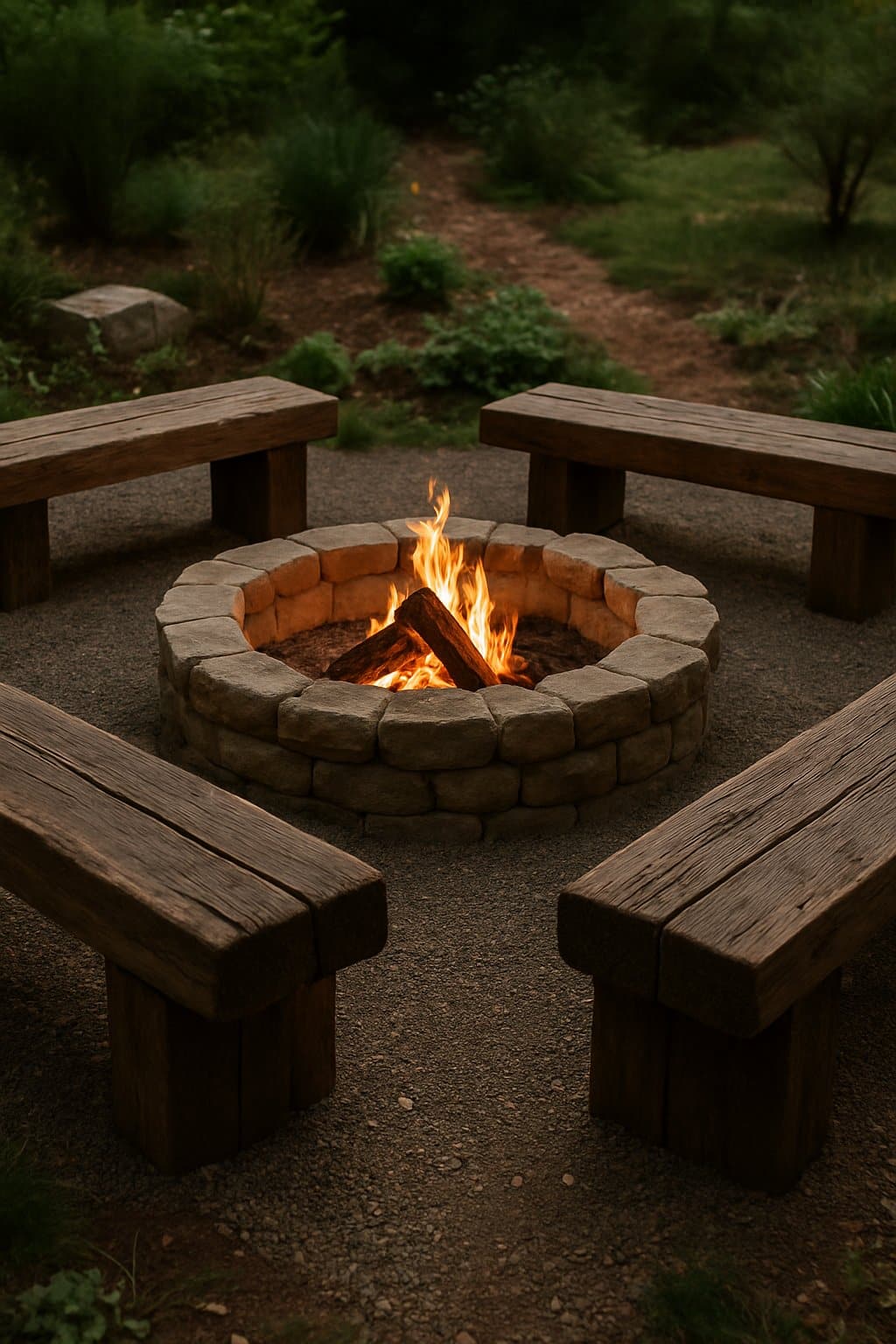Outdoor fire pit surrounded by wooden benches in a garden setting during early evening.