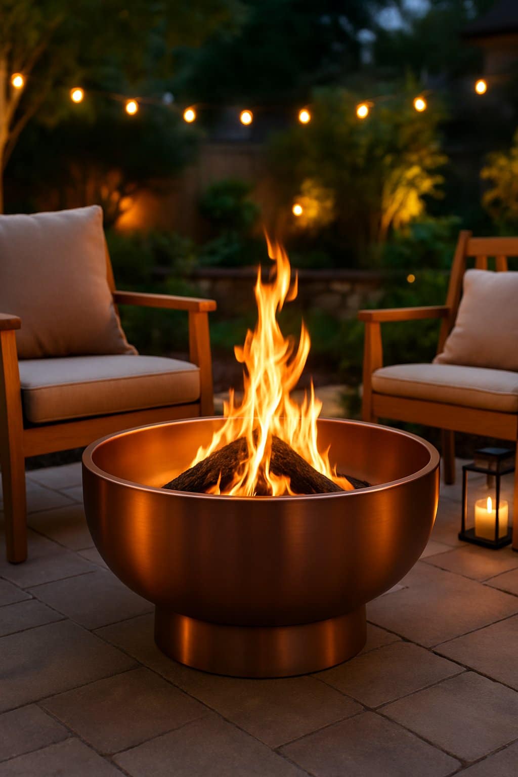 A portable copper fire pit bowl with a glowing fire surrounded by outdoor seating in a backyard setting during early evening.