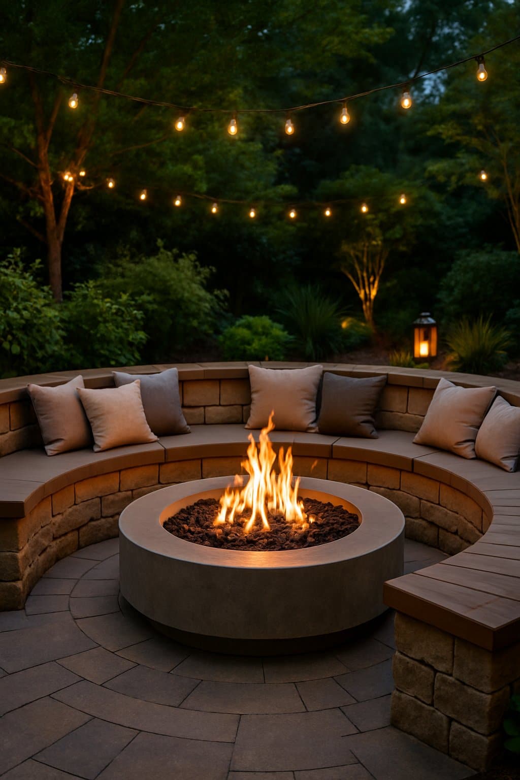 Outdoor seating area with a circular bench surrounding a lit fire pit in a backyard setting.
