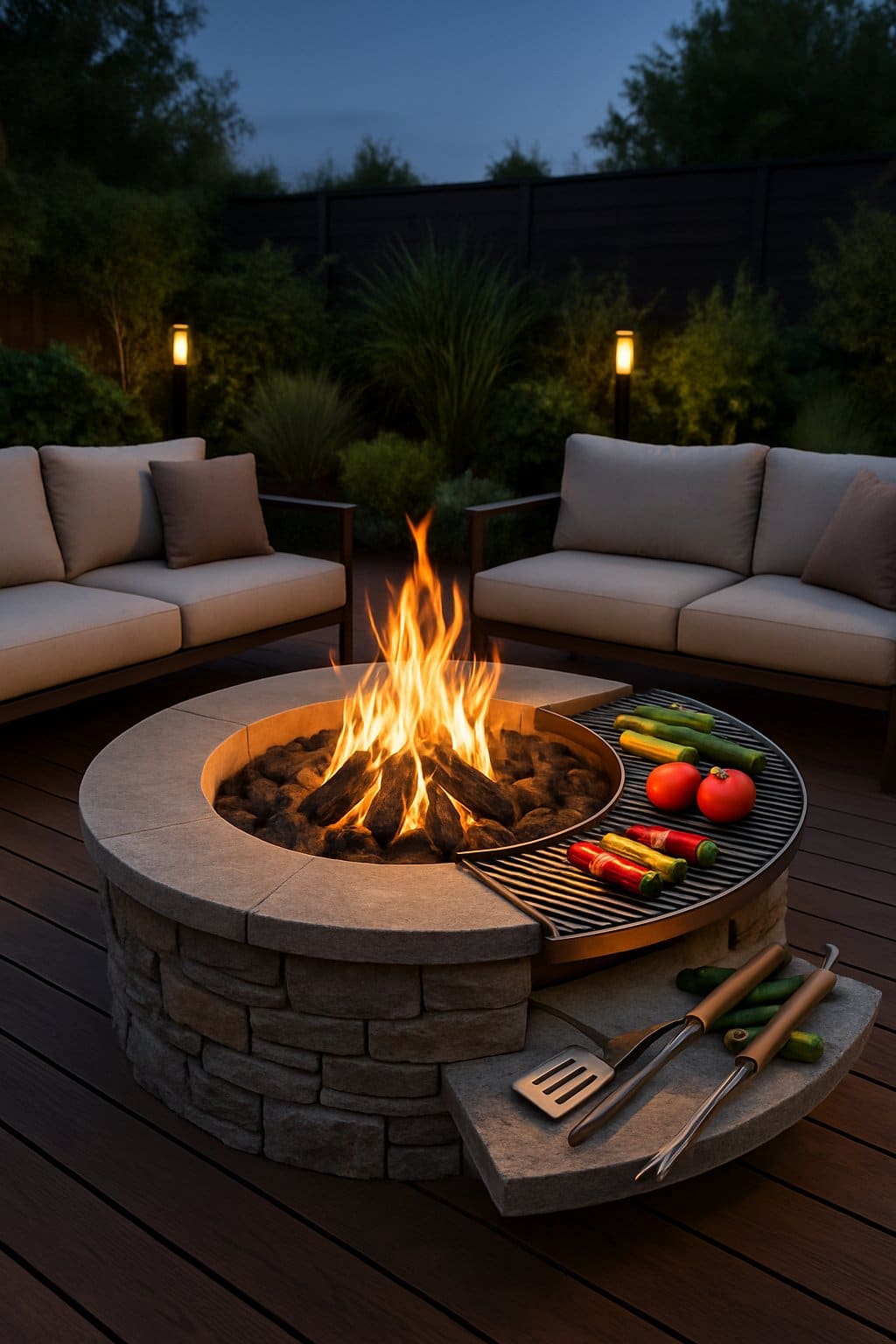 Outdoor fire pit with built-in grill surrounded by seating in a backyard at dusk.