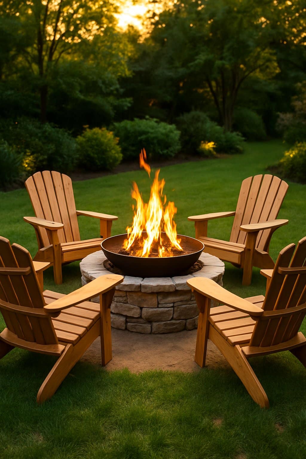 A fire pit surrounded by wooden Adirondack chairs in a backyard setting with grass and trees.